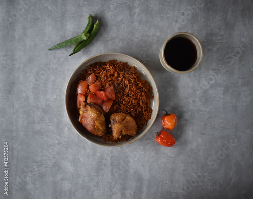 Chicken and rice with drink from above