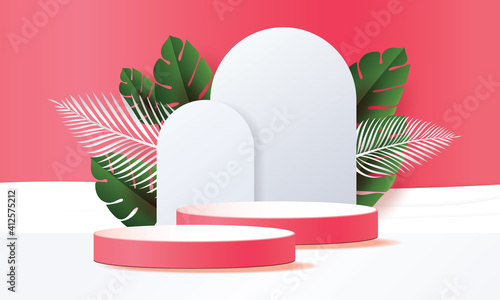 3d geometric podium mockup leaf tropical concept for showcase green background Abstract minimal scene product presentation