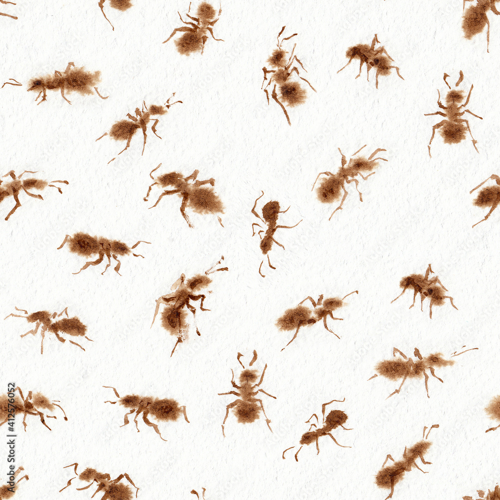 Seamless texture with a lot of ants. Coffee hand drawn on watercolor paper