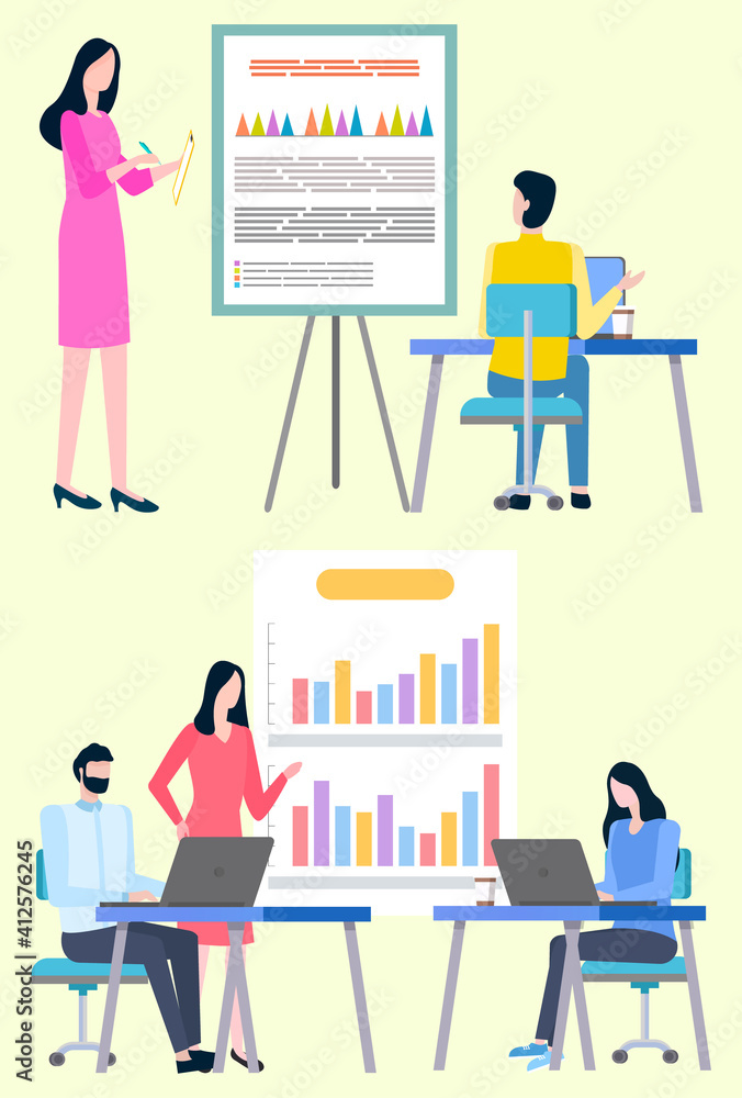 Manager female standing near board with graph report, man and woman working with laptop. Worker communication with computer, teamwork in office vector
