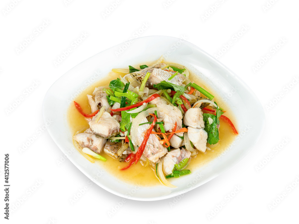 fried stir celery with seabass fish isolated on white background ,include clipping path fried stir celery with seabass fish isolated on white background ,include clipping path