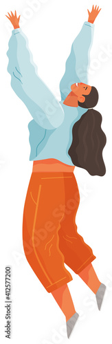 Cartoon female soaring and flying in the air dreaming person in movement pose isolated on white background. Woman floating in imagination dream. A girl flying in dreams or sky wearing casual clothes