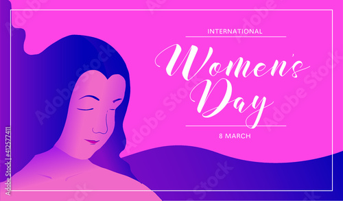 Happy international women's day vector illustration concept, beautiful girl illustration from side view. Horizontal banner. can use for greeting card, poster, landing page, banner, flyer.