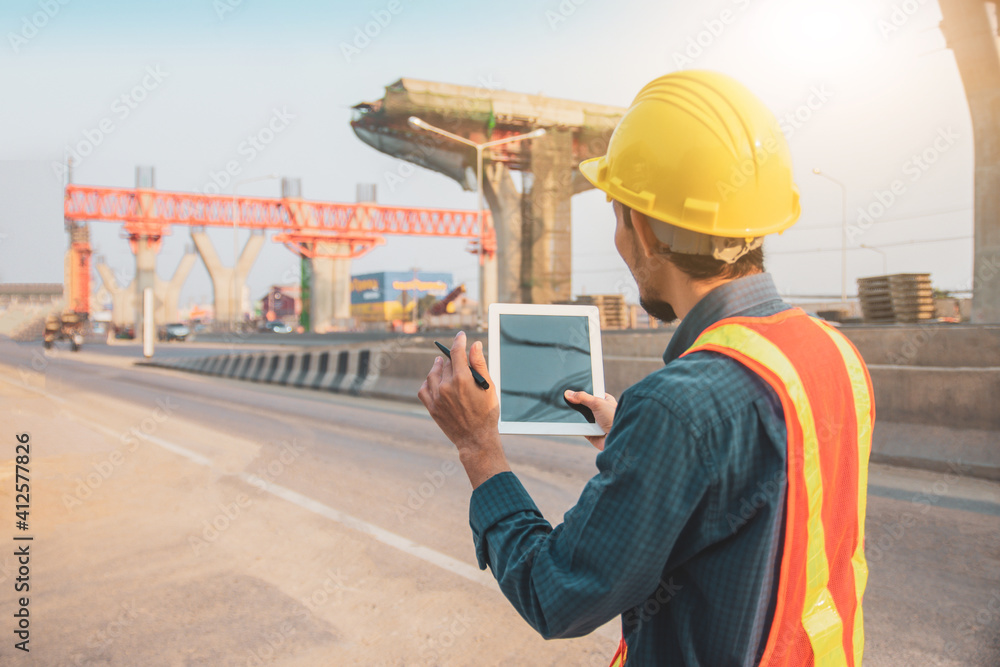 Worker Engineer Architecture use tablet inspection project road construction development