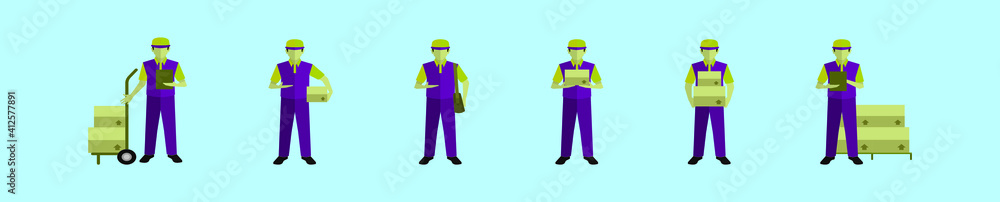 set of delivery man cartoon icon design template with various models. vector illustration isolated on blue background set of delivery man cartoon icon design template with various models. vector illustration isolated on blue background