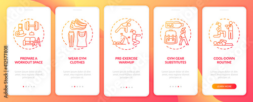 Home physical activity tips onboarding mobile app page screen with concepts. Gym clothes, cool-down routine walkthrough 5 steps graphic instructions. UI vector template with RGB color illustrations