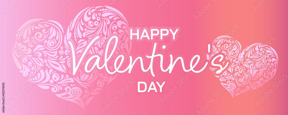 Valentines day.  Feminine typography. Openwork drawing heart. Sweet and pink heart and Pink on rose background.
