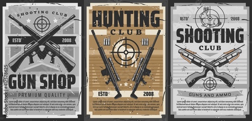 Gun and weapon target retro posters of vector hunting and shooting sport design. Hunter rifles, shotguns and crossbows, carbines with telescopic sights, bullets, cartridges and hunting trophy animals