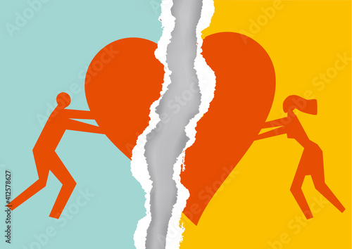 Happy Couple connecting torn hearts, after reconciliation.
Torn paper with man and woman silhouettes and broken heart icon symbolizing  renewal of the relationship. Vector available.
