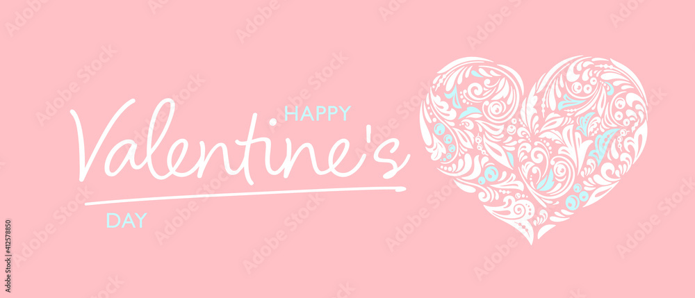 Valentines day.  Feminine typography. Openwork drawing heart. Sweet Heart and Pink Heart on rose background