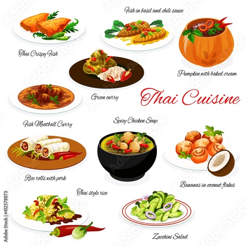 Thai food and Thailand cuisine menu  Asian restaurant dish plates  vector. Traditional Thai food  spicy chicken soup  fish with chili basil sauce  Thai rice and banana with coconut flakes dessert