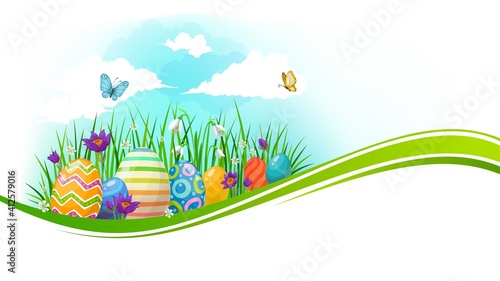 Easter eggs with green wave of grass and spring flowers vector banner. Easter religious holiday painted eggs, grass blades, blooming crocuses, lily of the valley and flying butterflies