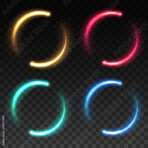 Glowing magical light rings, flare color lines. Yellow, green and blue, red sparkles moving in circe with shiny particles and stardust trails, falling star or energy halo realistic vector light effect