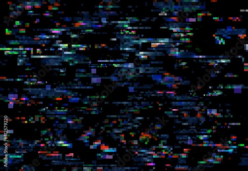Glitch noise of TV pixels on digital screen background, vector television video error. Glitch screen with computer or VHS signal effect, static code bug and internet data damage pattern on monitor