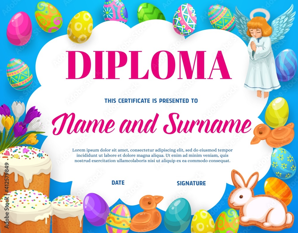 Fototapeta premium Diploma or certificate of kids education with vector frame background of Easter eggs, flowers and sweet bread. School graduation diploma, student achievement certificate or appreciation award template