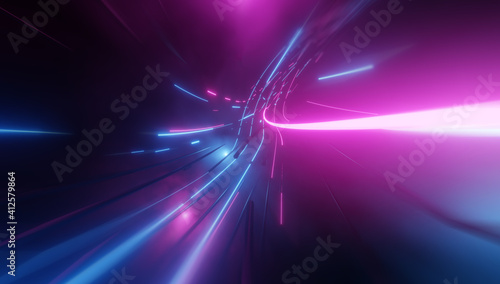 Fotografie, Obraz Abstract neon lights into digital technology tunnel