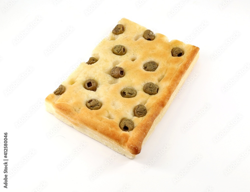 Focaccia with olives white background. It is a traditional italian oven baked bread similar in texture to pizza. Focaccia with olives white background. It is a traditional italian oven baked bread similar in texture to pizza.