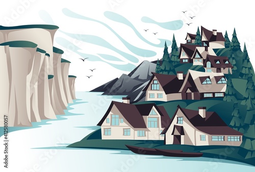 Traditional north village on the rock coast summer openspace landscape. Cartoon vector illustration. Ecotourism and holiday travel.