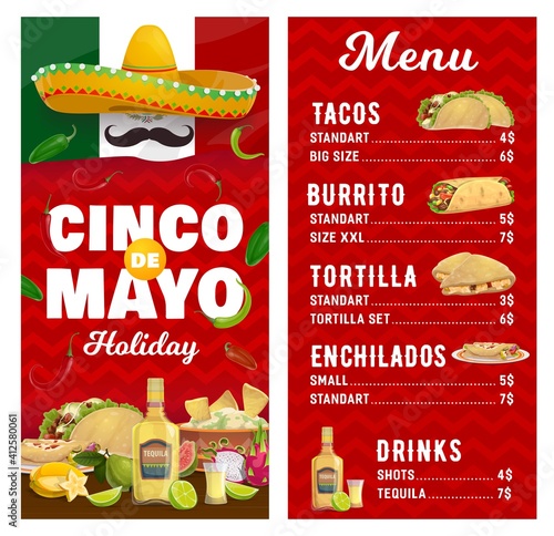 Mexican holiday vector menu, Cinco de Mayo holidays meals tacos, burroto, tortilla and enchilados with tequila alcohol drink. Cartoon menu with sombrero, flag, jalapeno pepper, Mexican food dishes