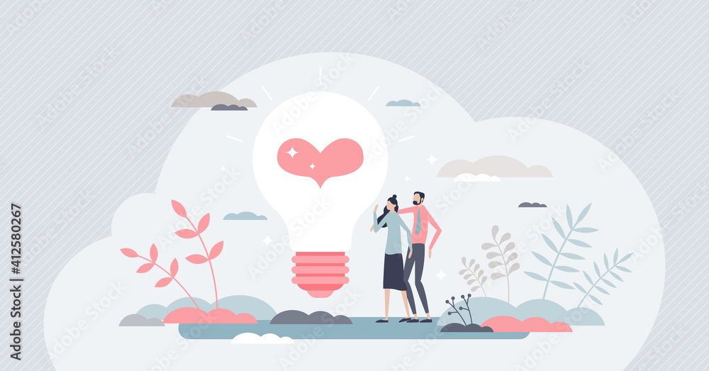 Well-being as positive mindset and partner happiness tiny persons concept Well-being as positive mindset and partner happiness tiny persons concept