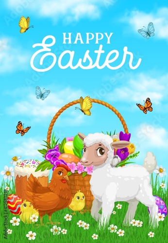 Happy easter greeting card template with lamb baby, hen and chicks on meadow grass, wicker basket with spring flowers and easter eggs, paschal cake or kulich, flying in sky dragonflies cartoon vector