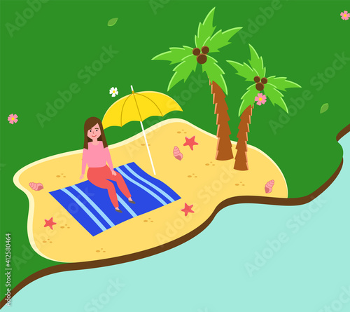 Tropical landscape with smiling girl sunbathing in seashore, enjoying sun. Woman lies in the sun on the sand under the palm trees. Travel to beach resorts during hot seasons, vacation by the ocean
