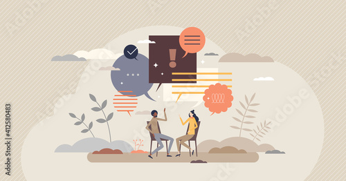 Talk conversation and speaking dialogue as communication tiny person concept