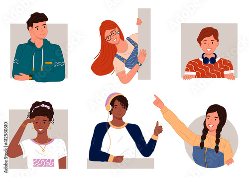 People collection, set of cartoon smiling characters in flat style, young happy guys, girls peep out, with headphones, point with finger, mix race people, black african guy and girl, portraits avatars
