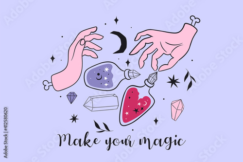 Esoteric card with hands and bottles of potion. Vector graphics.