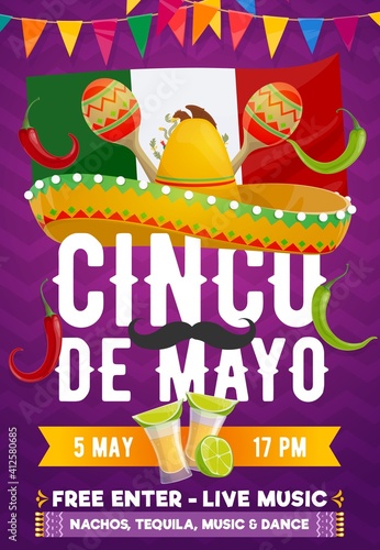 Cinco de Mayo fiesta party vector poster of Mexican holiday. Sombrero hat  maracas  red chilli peppers and flag of Mexico  moustache  tequila  lime and jalapeno with bunting garland  invitation design