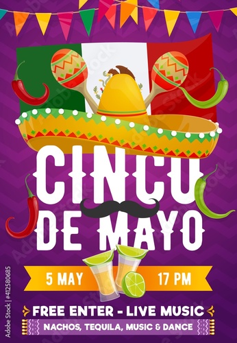 Cinco de Mayo fiesta party vector poster of Mexican holiday. Sombrero hat, maracas, red chilli peppers and flag of Mexico, moustache, tequila, lime and jalapeno with bunting garland, invitation design