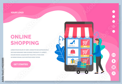 Internet store layout. Online shopping and buying purchases. Man chooses goods on the Internet. Shopping cart guy in application design. Paid program for clothes and shoes remotely landing page