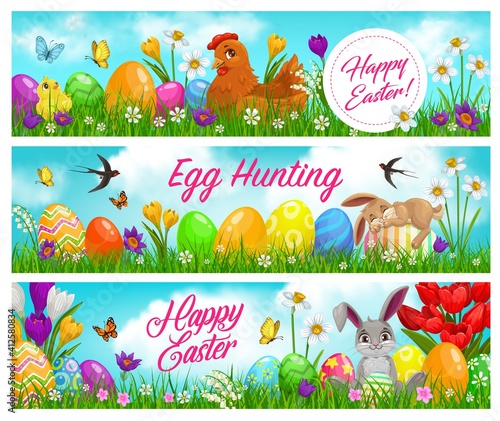 Canvas Print Happy easter and egg hunting banners with funny bunny or rabbit playing with eas
