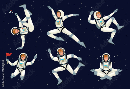 Cartoon astronauts. Spaceman with spaceship, planet and flag. Futuristic clothing for exploration of cosmos, galaxy, space.