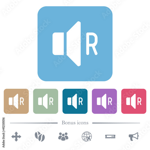 Right audio channel flat icons on color rounded square backgrounds