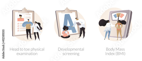 Health check up abstract concept vector illustration set. Head to toe physical examination, developmental screening, body mass index, health issue diagnostics, weight loss program abstract metaphor.