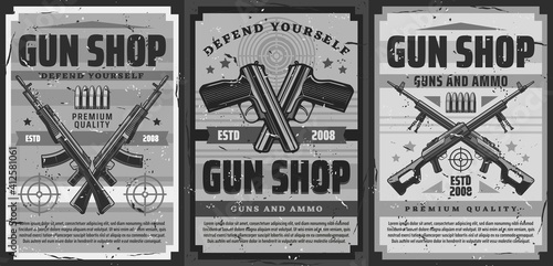 Gun and ammunition shop retro poster. Weapon for self-defense, ammo for shooting range training vintage banner. Crossed handguns, machine guns and assault rifle, bullets and shooting target vector