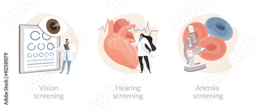 Pediatric checkup abstract concept vector illustration set. Vision and hearing screening, anemia exam, vision test, ear problem, iron deficiency lab test, disability diagnosis abstract metaphor.