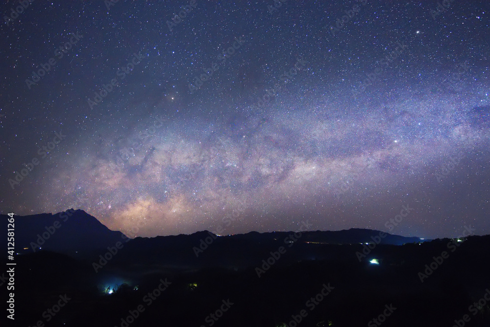 Clearly Milky Way Galaxy in the night sky. Image contains noise and grain due to high ISO. Image also contains soft focus and blur due to long exposure and wide aperture