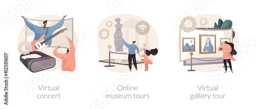 Quarantine leasure time abstract concept vector illustration set. Virtual concert, online museum tours, virtual gallery exhibition tour, art therapy, social distance, stay home abstract metaphor.