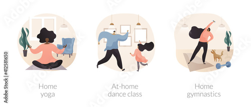 Stay active amid quarantine abstract concept vector illustration set. Home yoga, at-home dance class, home gymnastics, quarantine training, online lesson, video tutorial, workout abstract metaphor.