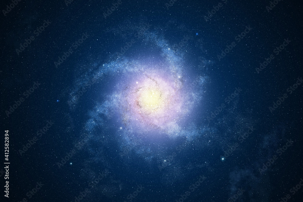 Spiral galaxy and stars in blue deep space.