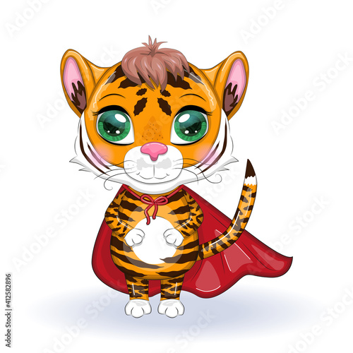 Fototapeta Naklejka Na Ścianę i Meble -  Cute cartoon tiger with beautiful eyes, orange in a red cloak, super hero