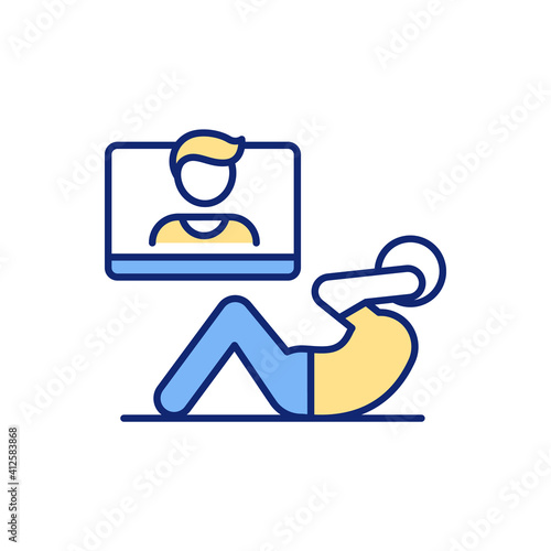 At-home virtual workout RGB color icon. Smart home gym. Physical training session with online fitness trainer. Gym classes. Combining workouts and virtual reality. Isolated vector illustration
