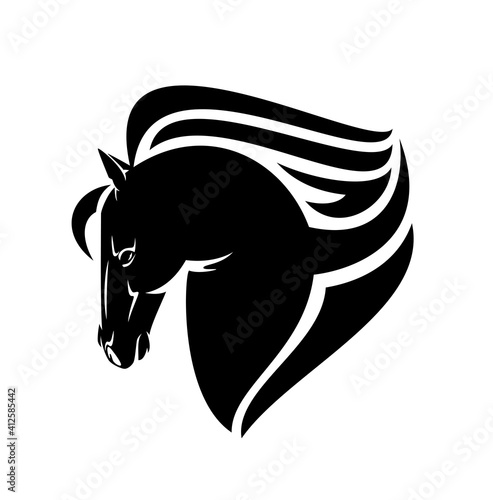horse head with stylized mane side view outline - black and white vector design of mustang profile portrait