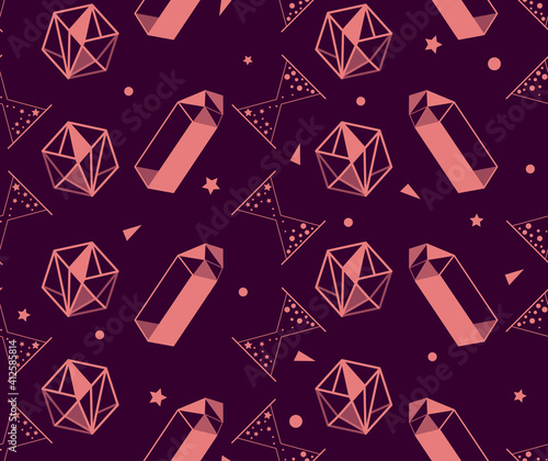 Set of magic items of alchemy and esoteric, philosophical magic stone, hourglass. Seamless pattern in style of tarot cards design for packaging, groups, web pages, business cards.