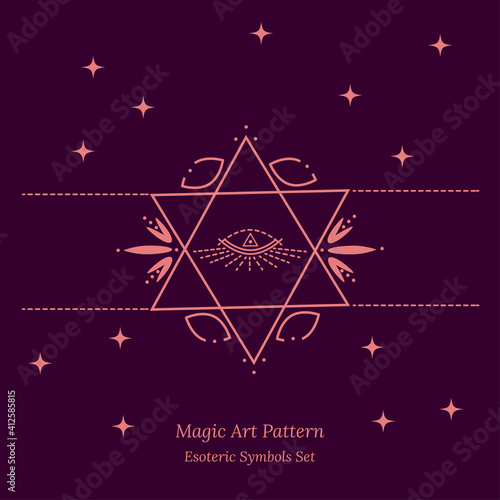 Esoteric symbol of opening third eye of the soul. Science Illustration, look into universe concept. Vector outline drawing style design for tarot cards, social networks, groups, web pages.
