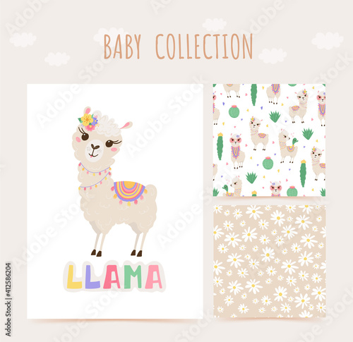 Collection of cute lamas and cacti in pastel colors. Seamless pattern and print with baby animals. Set of Alpaca for kids room design, Wallpaper, textiles, wrapping paper, apparel. Vector illustration