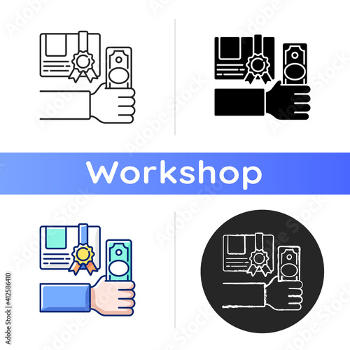 Workshop feee icon. Paying fees for mastery courses. Available lessons. Getting new skills. Modern education. Professional skills. Linear black and RGB color styles. Isolated vector illustrations