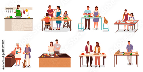 Collection of people in kitchen preparing food. Isolated set of couples cooking together. Mom teaching daughter to bake. Granny and granddaughter making soup, bachelor at home cutting veggies vector